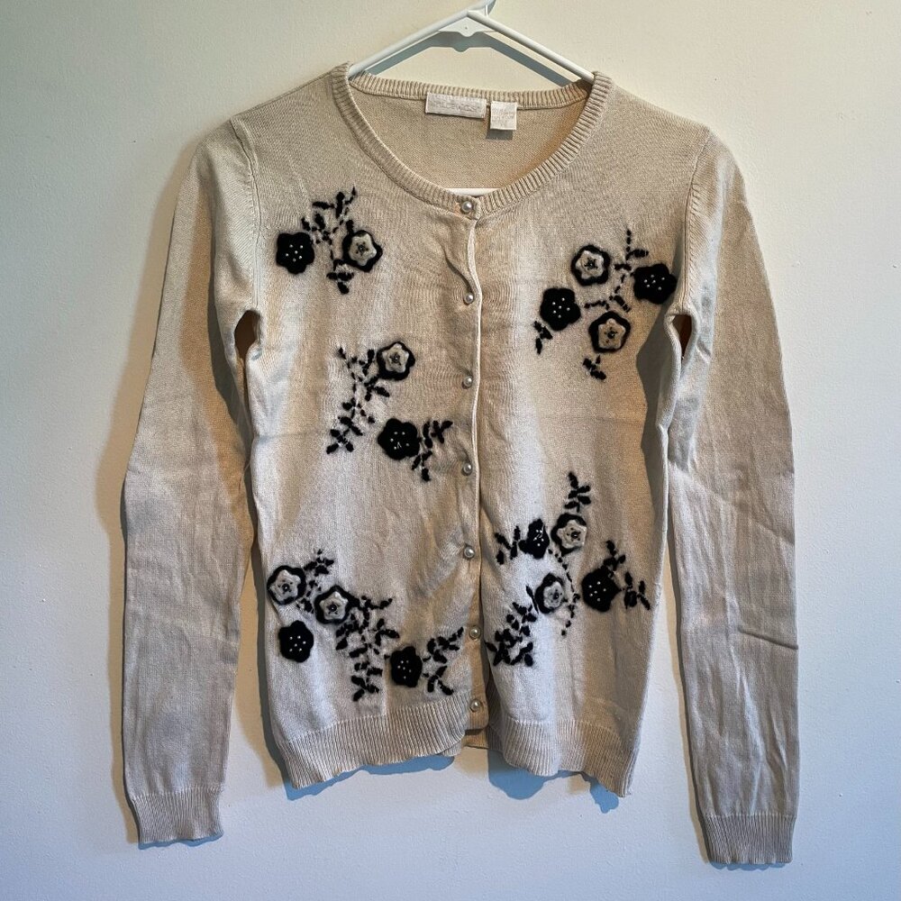 Cropped Retro Floral Felt Patch Silk Cream Cardigan